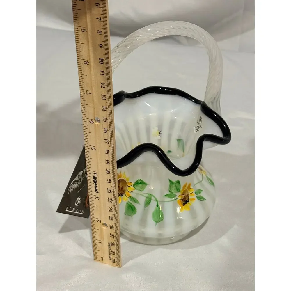 Fenton 100th Anniversary Hand-Painted Glass Basket SunflowersBees w/Original Tag